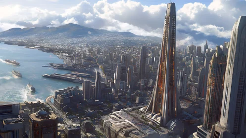 Skypiercing bay megacity wrapped in glass and sunlit steel.