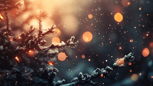 Photorealistic snowy fir branches with warm festive bokeh glow.