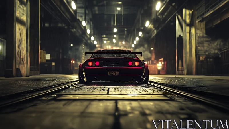 Low-slung tuner car in moody industrial night rain scene.