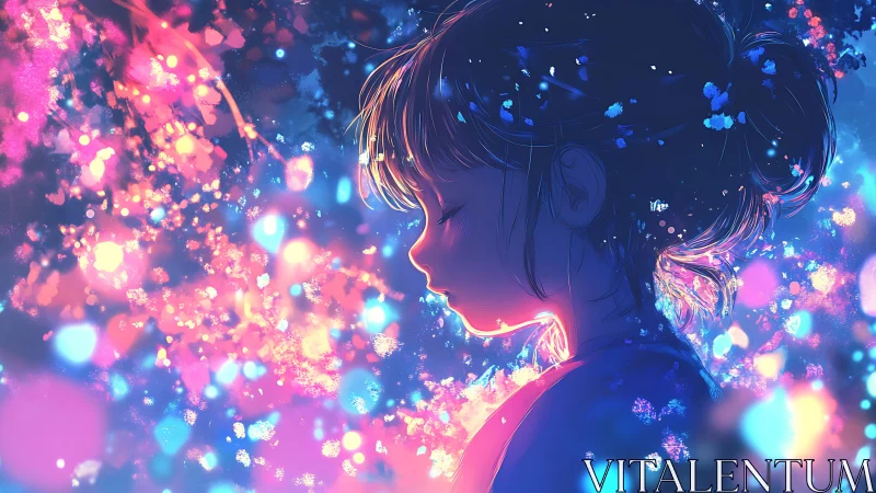 Girl in neon bokeh glow embraces quiet night reverie.