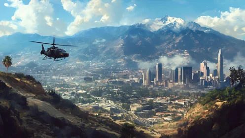 Sunlit city skyline beneath snow-capped mountain watch.