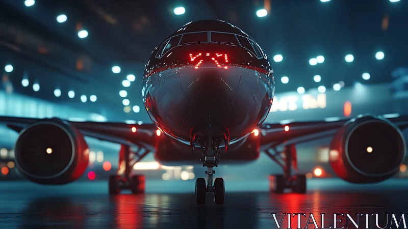 Front view of jet airliner in illuminated night hangar.