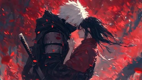 Masked warrior embraces woman beneath red leaves.