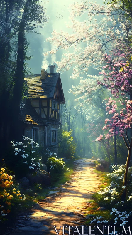 Timber cottage beside stone path in dense spring forest.