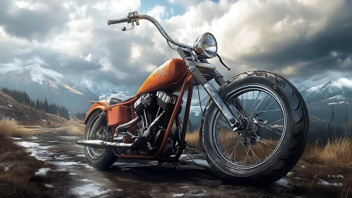 Custom orange chopper stands ready for adventure in cold mountains