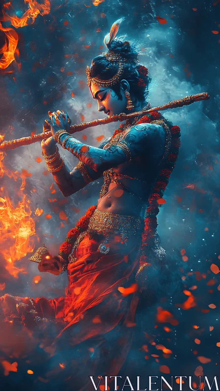 Digital figure with flute stands amid contrasted fire and smoke