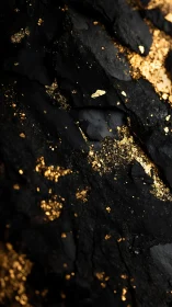Black textured surface with scattered metallic gold flakes.