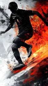 Silhouetted soccer player jumps across abstract fire field