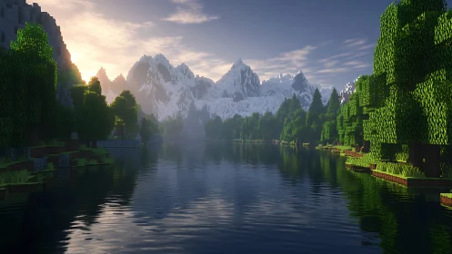 Pixel lake sunrise cradled by quiet blocky mountains.