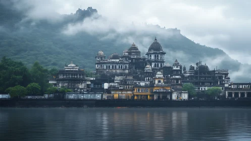 Misty hill palace leans into clouds while the lake listens