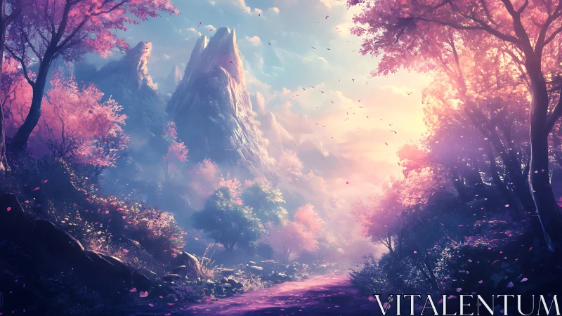 Whispering pastel mountains under an enchanted blossom sky.