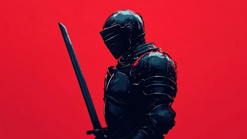Armored knight in profile silhouette against vivid red field