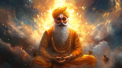 Celestial sage drifts in molten light above stormy silence