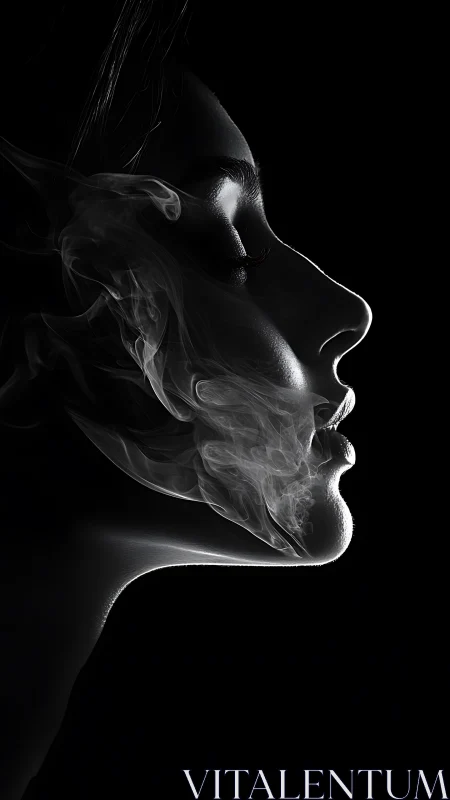 Ethereal female profile emerges from darkness and smoke