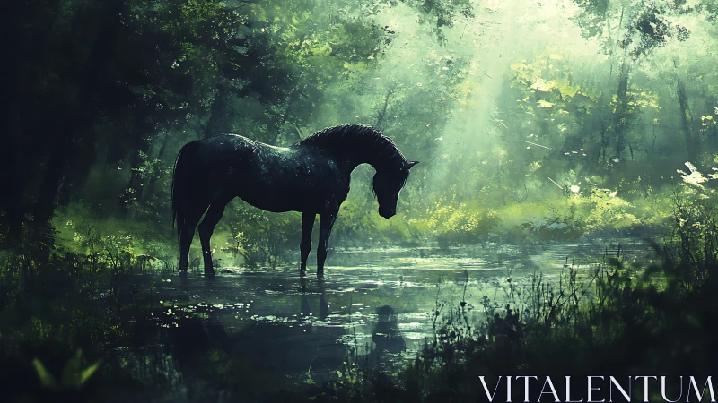 Dark horse stands in a misty forest pond under soft light.