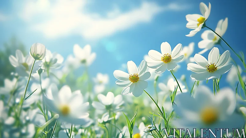 White Cosmos Flowers Against Blue Sky.
