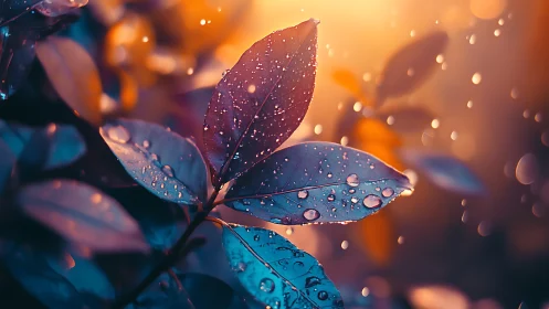 Dew-kissed leaves glow under warm sunset bokeh light.