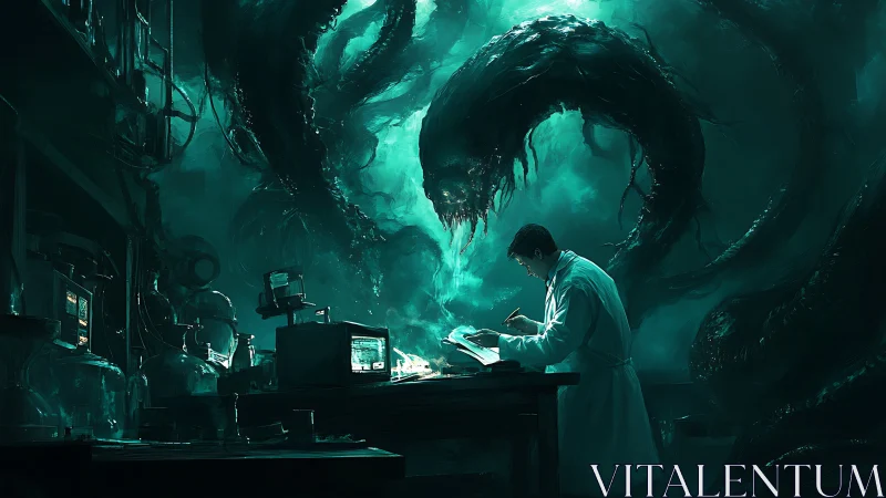 Solitary scientist documents data beneath looming abyssal horror