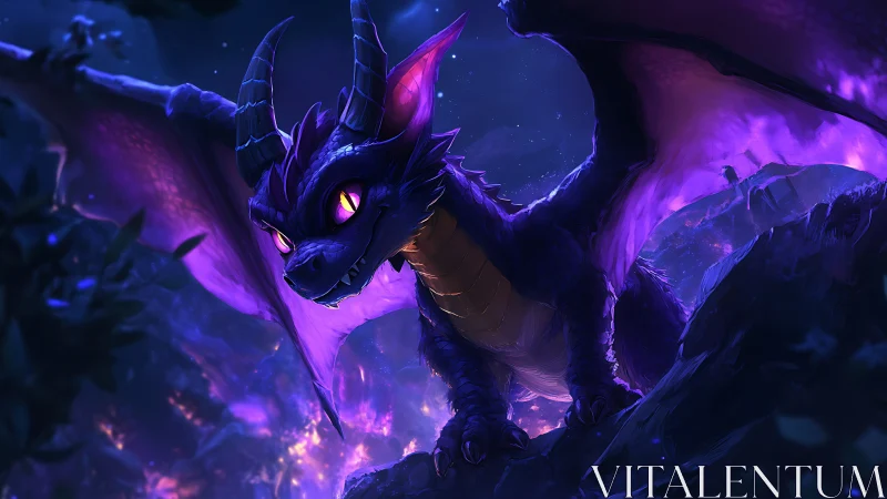 Bioluminescent purple dragon gliding through starlit canyon night