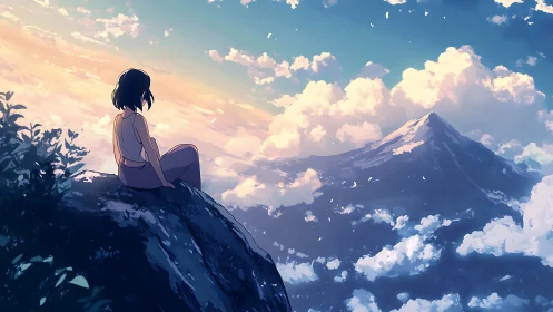 Solitary figure on cliff edge facing distant mountain peak.