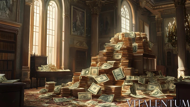 Mountain of banknotes engulfs classical library interior