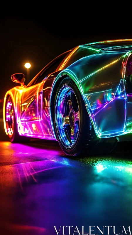 Spectral neon sports car with reflective body and ground glow.