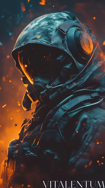 Armored soldier in flames with tactical respirator gear.