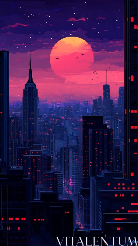 Digital cityscape depicts dense skyline under large setting sun