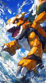 Roaring cyber reptile surges skyward through shattered surf.