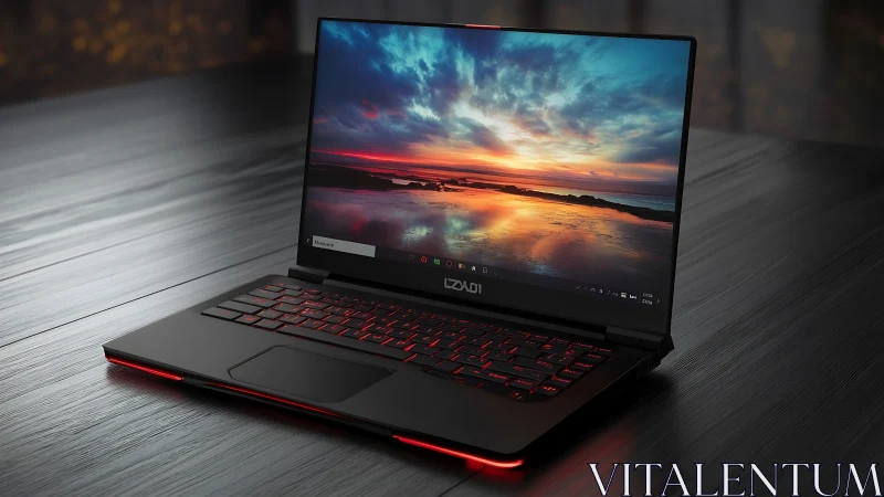 Sleek gaming laptop with sunset display on dark desk.