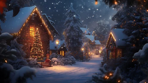 Snowlit Christmas village lane with glowing cottages at dusk.