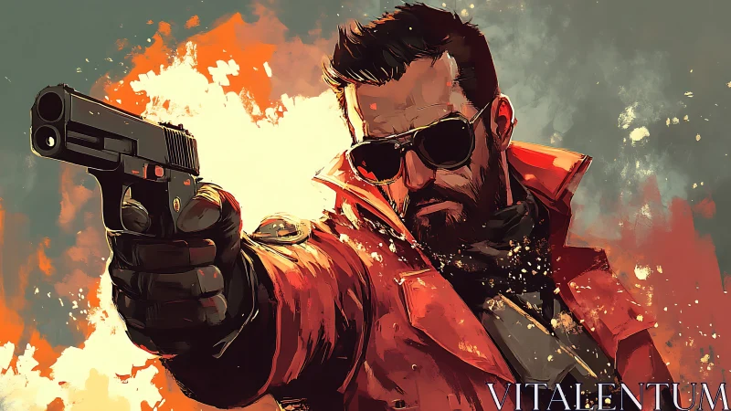 Gunman in red coat aims pistol amid blazing abstract fire