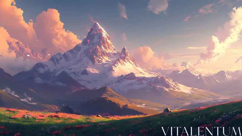 Sunlit alpine massif with luminous cloud volumetrics at dusk.