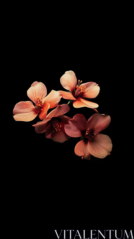 Coral and Red Flowers Against Black Background