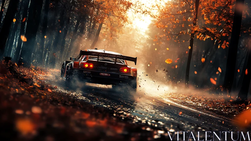 Autumn apex hero: rally car carving light through leaves.