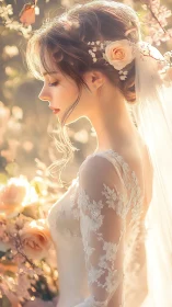 Side profile of bride in lace gown with floral hair accents.