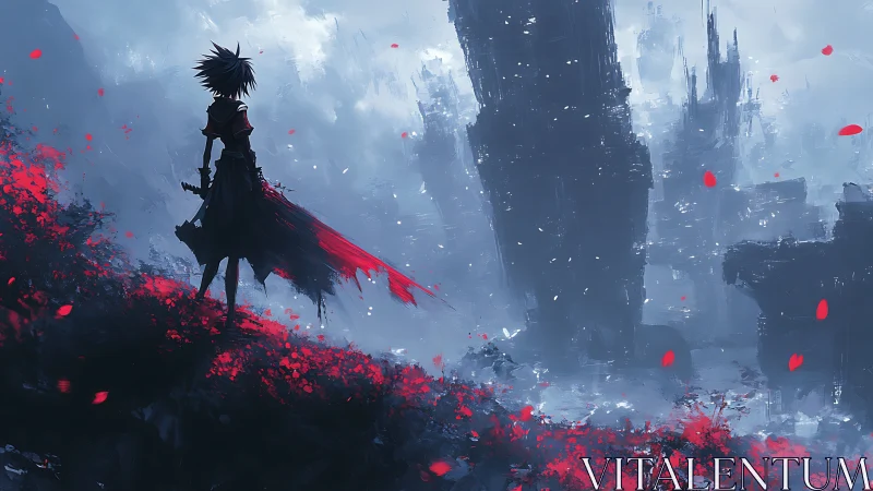 Silhouetted warrior surveys misty ruined towers ahead