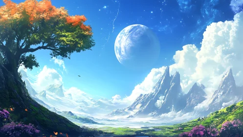 Dreamy twin-world valley beneath a blazing crystal sky.