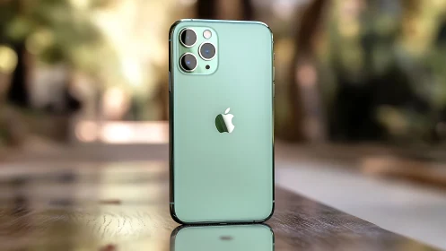 Mint green smartphone shining softly on a sunlit table.