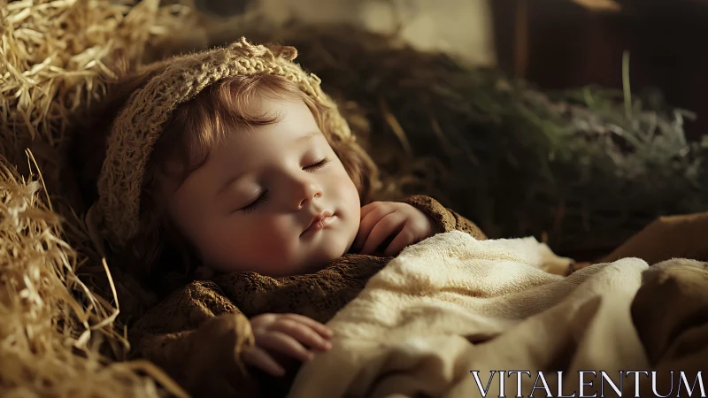 Gentle baby dreams peacefully in a warm, rustic straw cradle