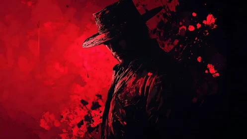 Silhouetted gunslinger in crimson splatter abstraction.