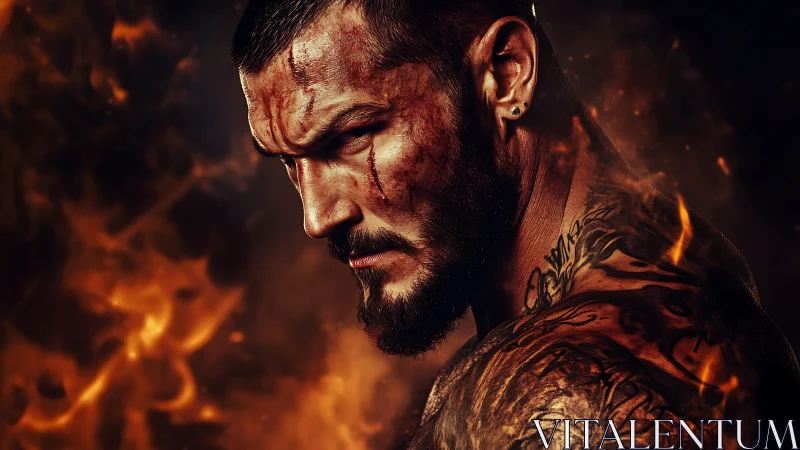 Battle-scarred tattooed fighter glares amid stylized flames