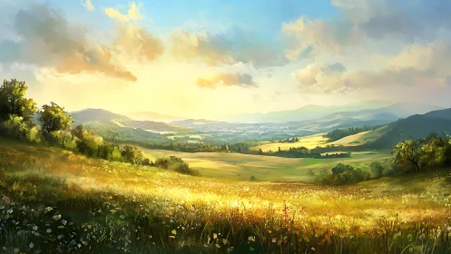 Golden-hour valley landscape renders atmospheric depth and light