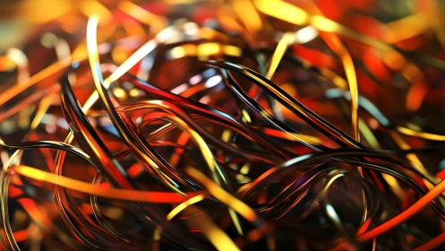 Abstract close-up of colorful tangled wires in vibrant lighting.