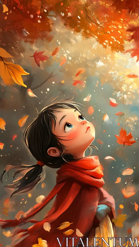 Wonderstruck girl beneath swirling autumn leaves.
