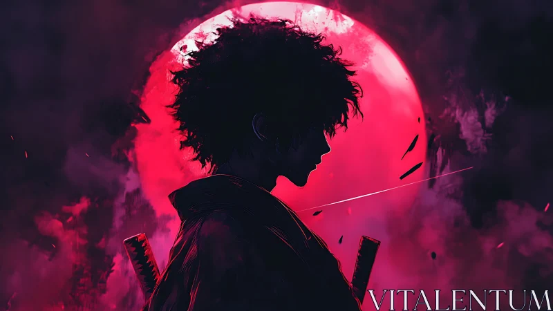 Samurai silhouette before red moon in smoky night sky.