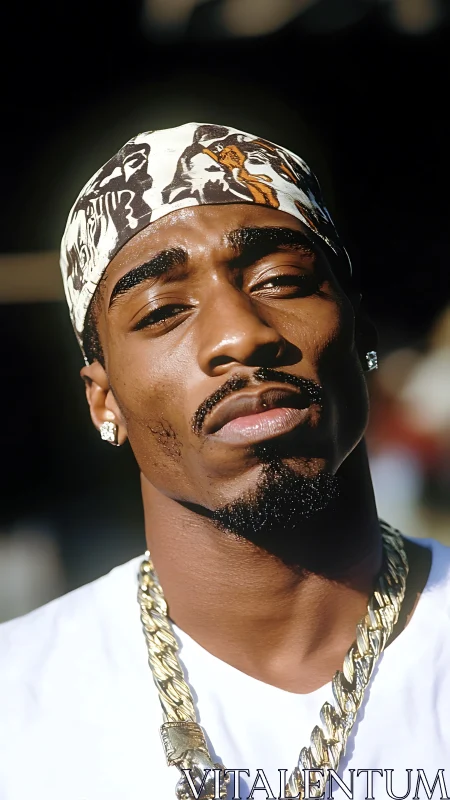 Confident man wearing patterned bandana in sharp sunlight