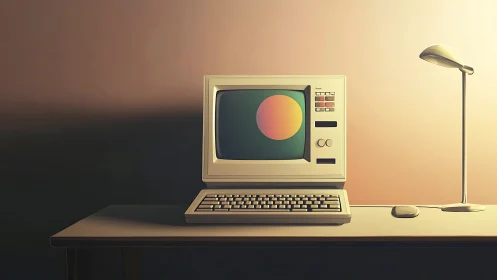 Retro desktop computer under warm minimalist lamplight.