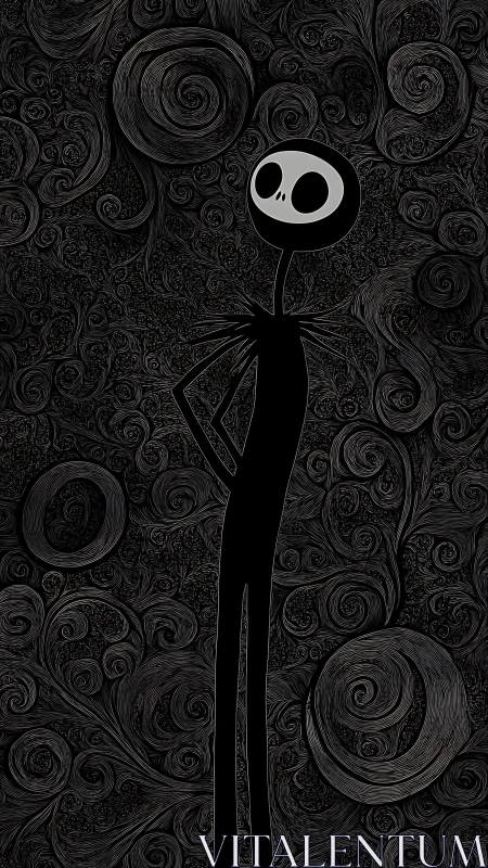 Elongated skeleton figure emerges from dense swirling filigree