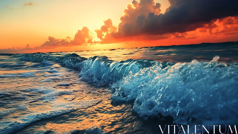 Ocean wave foreground reflects fiery orange sunset sky